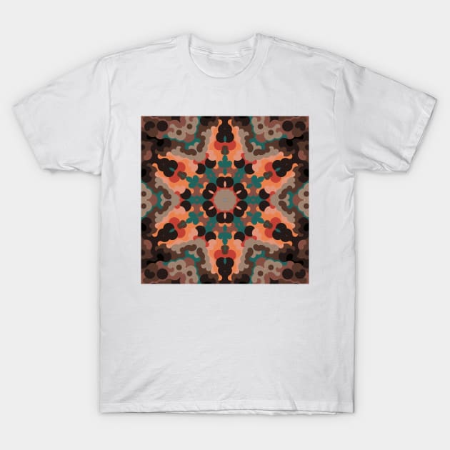 Retro Mandala Flower Orange Blue and Brown T-Shirt by WormholeOrbital